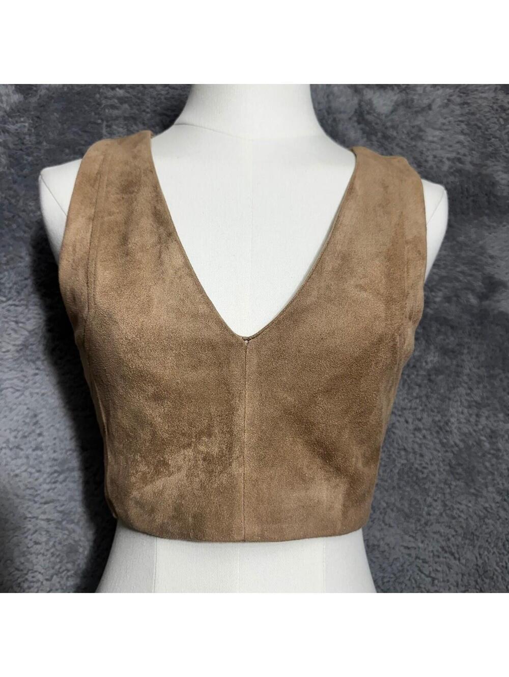 Olivaceous Crop Top Womens Medium Tan Brown Faux Suede V-Neck Full Back Zip